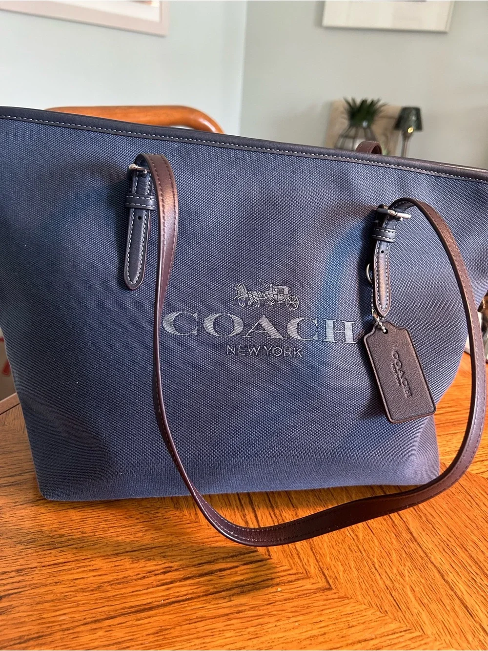 Coach Navy Canvas Tote with Brown Leather Trim